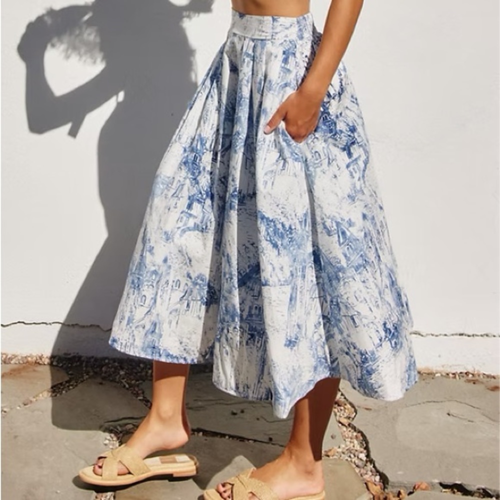 Blue & White Toile Print Midi Skirt - Picture 2 of 6